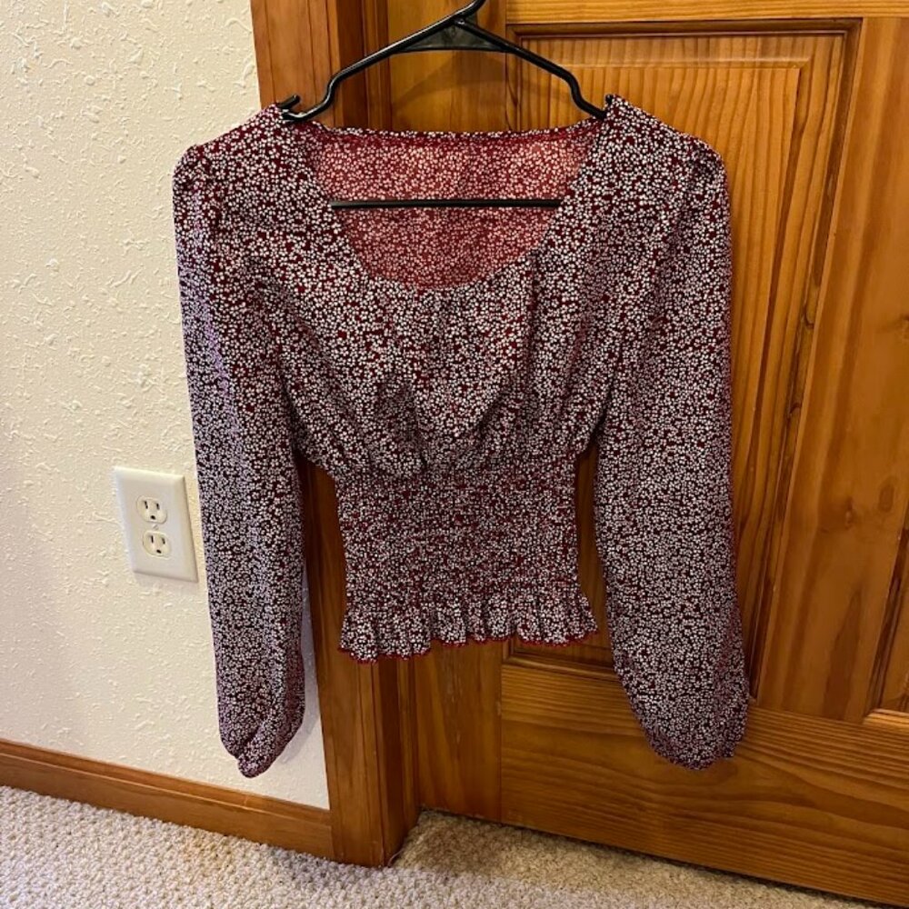 Shein Long Sleeve Shirt, Small, Burgundy with Tiny White Flowers